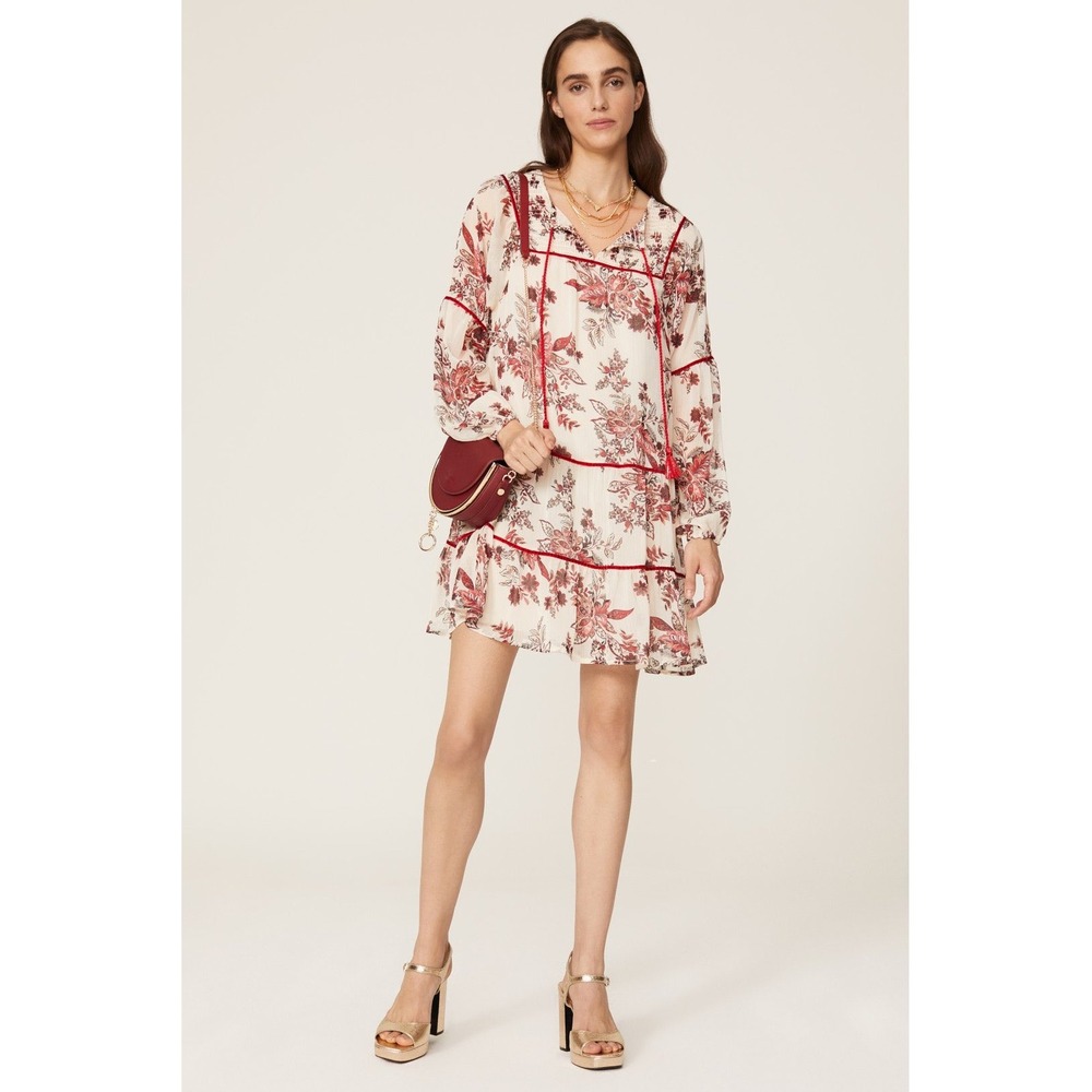 GREAT JONES Boho Floral Print Tiered Mini Dress Tassels Velvet Trim SIZE‎ L